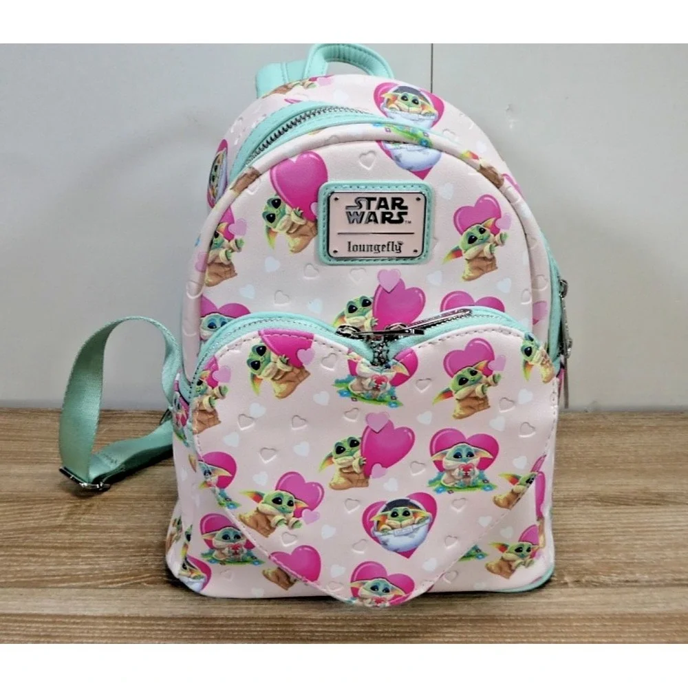 Star Wars Baby Yoda Grogu Heart Mini Backpack - Valentines Day Mint/Pink - Used